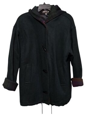 Jofeld Black Plaid Accented Hooded Wool Blend Toggle Button Duffle Coat